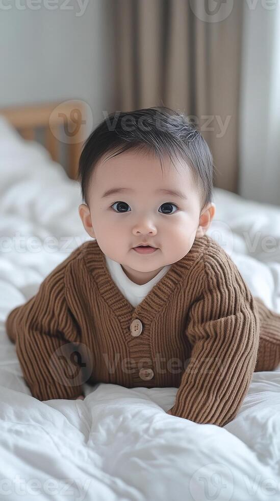 A baby in a brown sweater laying on a bed photo