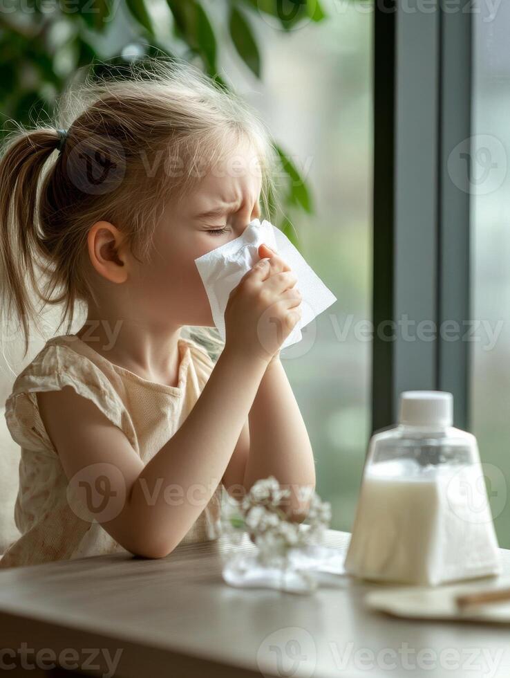 A little girl blowing her nose while sitting at a table photo