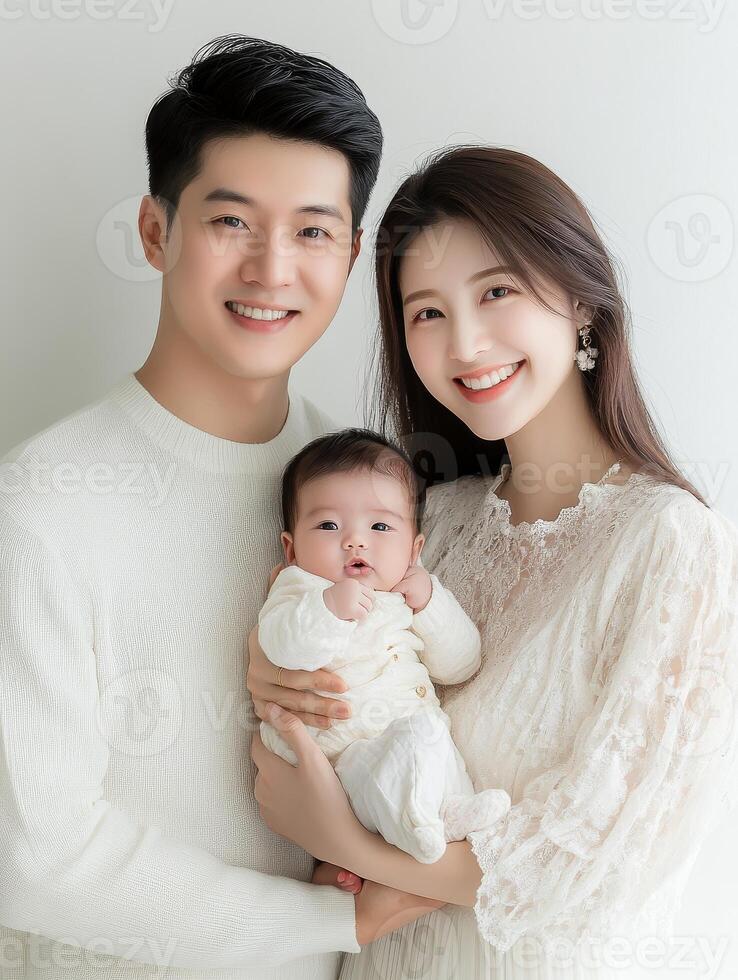 A young couple and their baby are posing for a photo