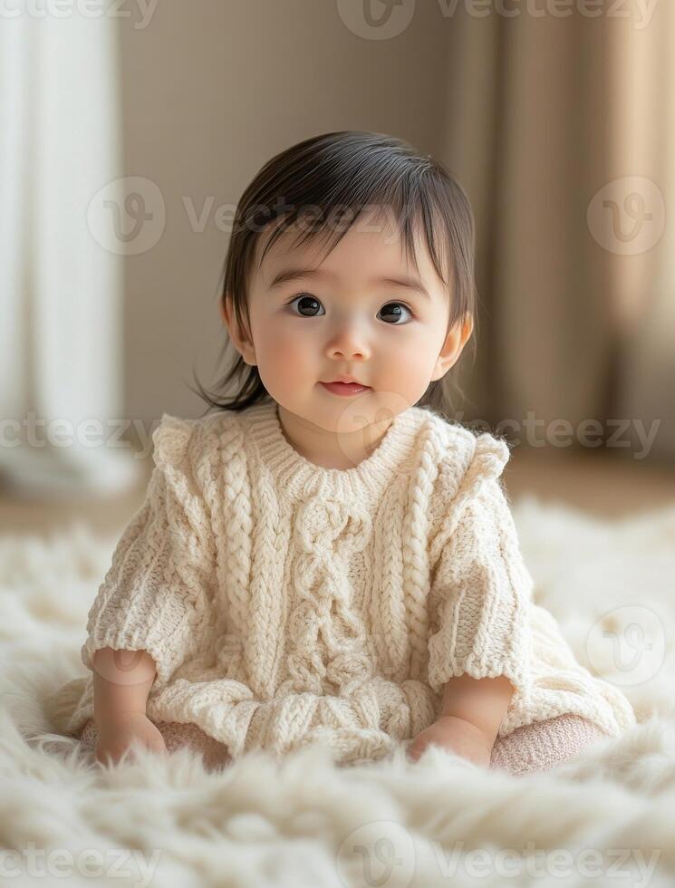 A baby girl in a knitted sweater sitting on a rug photo