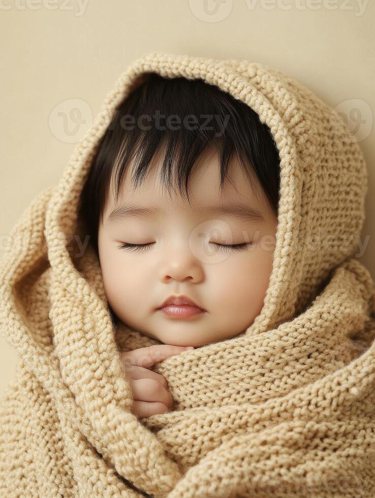 A baby wrapped in a blanket on a beige background photo