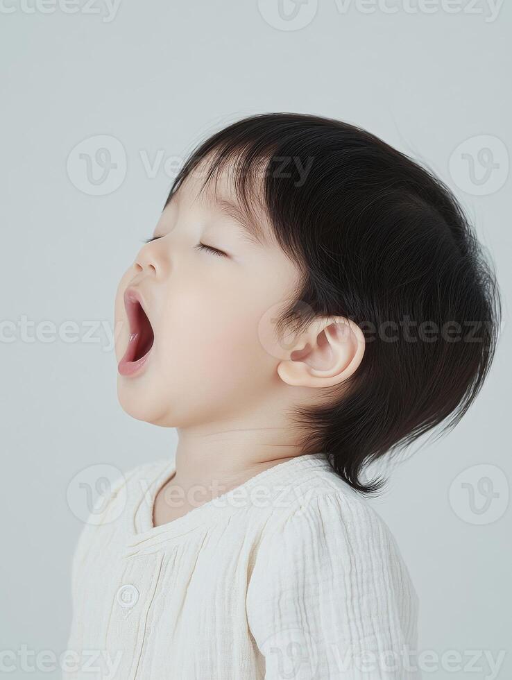A baby girl with her mouth open and her eyes closed photo