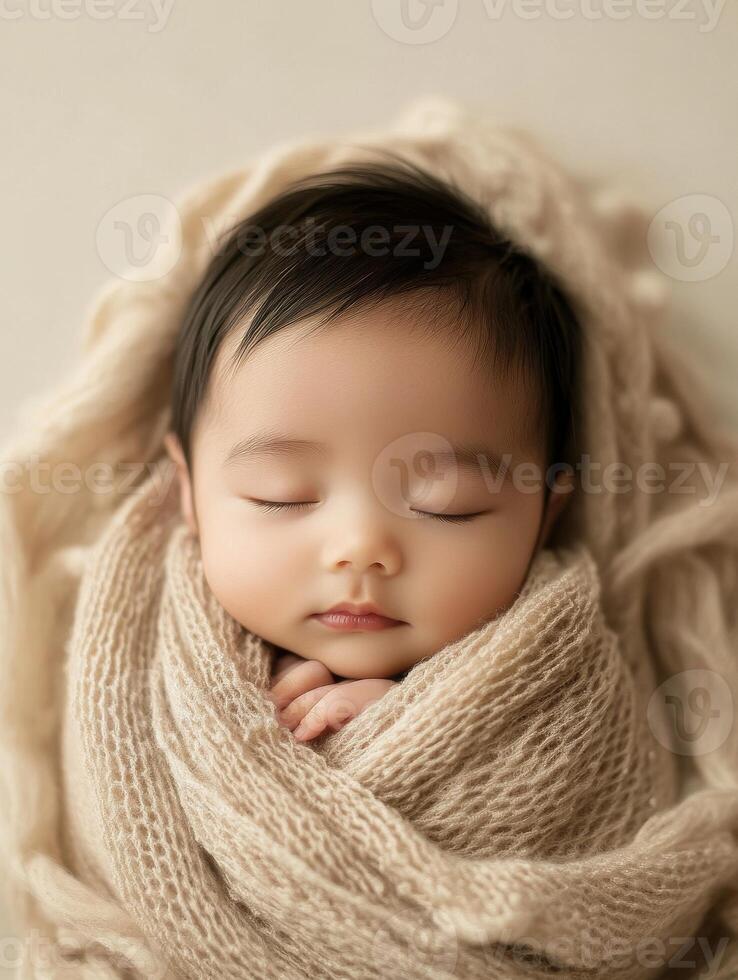 A baby sleeping in a beige blanket photo