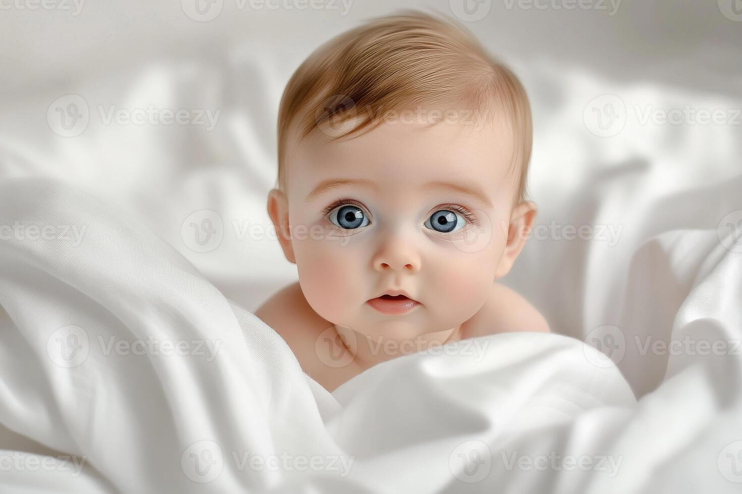 A baby with blue eyes is laying on a white blanket photo