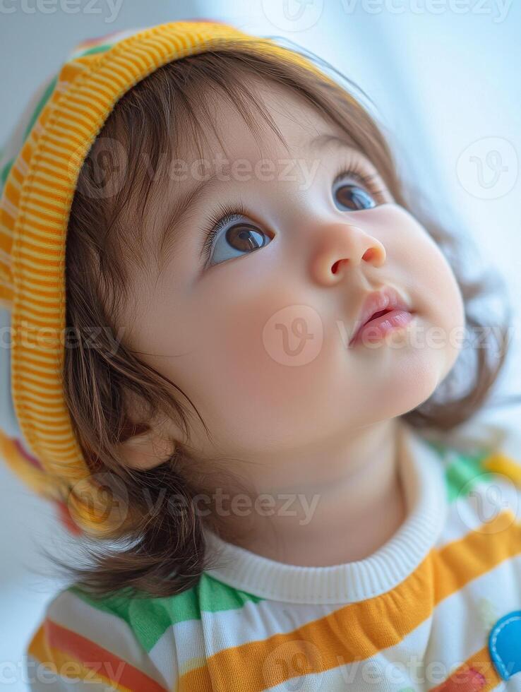 A baby wearing a yellow and orange striped shirt photo