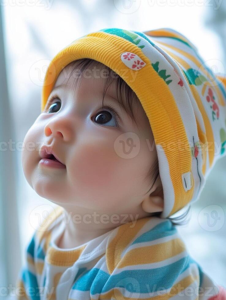 A baby wearing a striped shirt and hat looking up photo