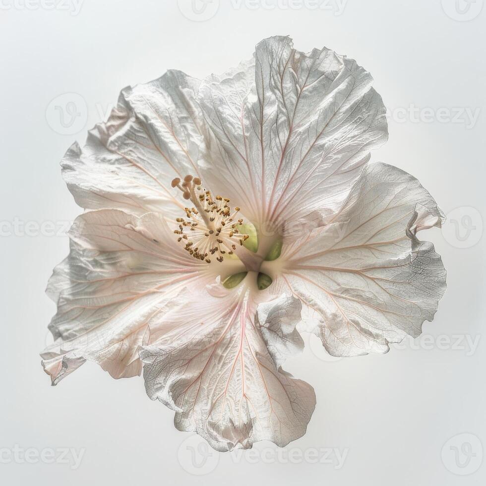 A white flower with a yellow center on a white background photo