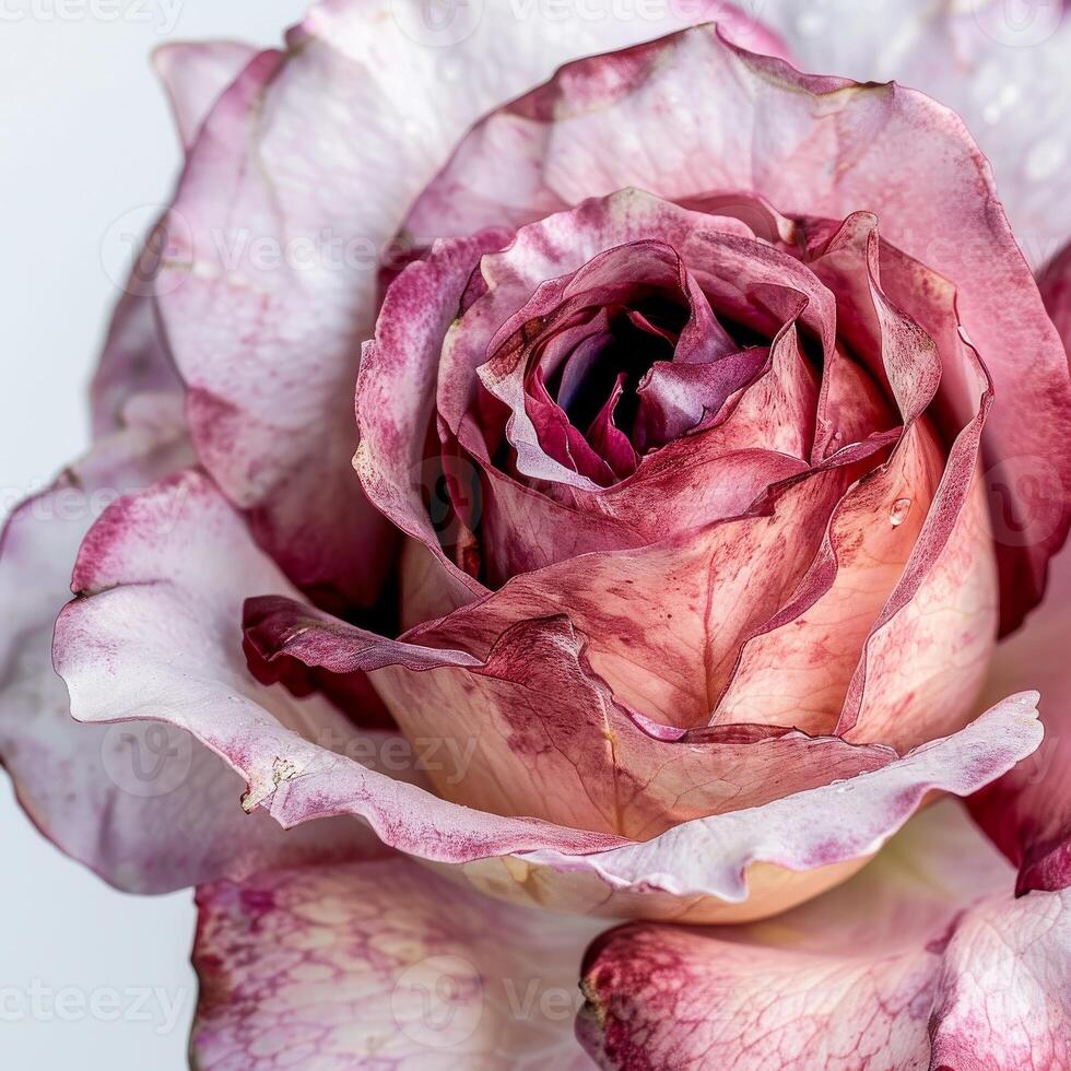 A close up of a pink rose with water droplets photo