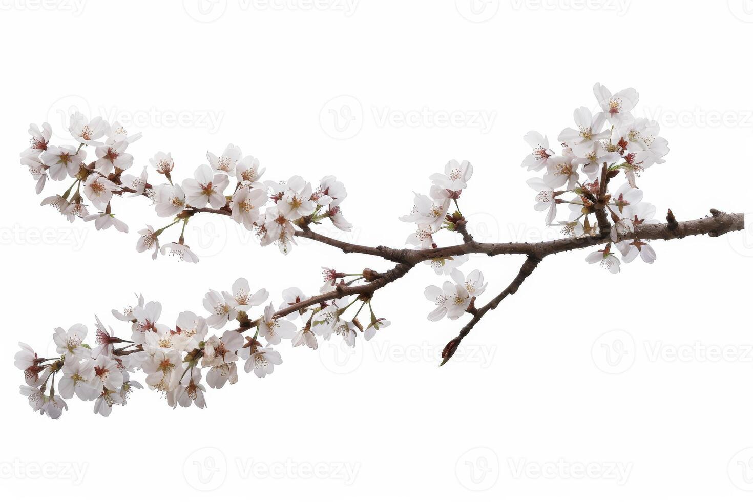 A branch of white flowers is shown on a white background photo
