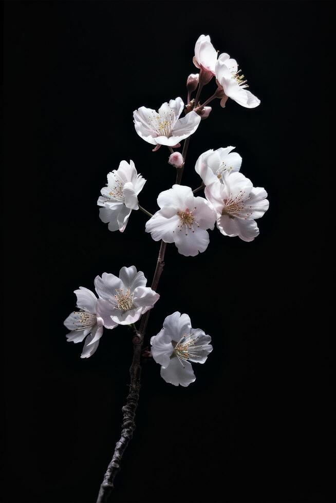 A branch of white flowers is shown against a black background photo