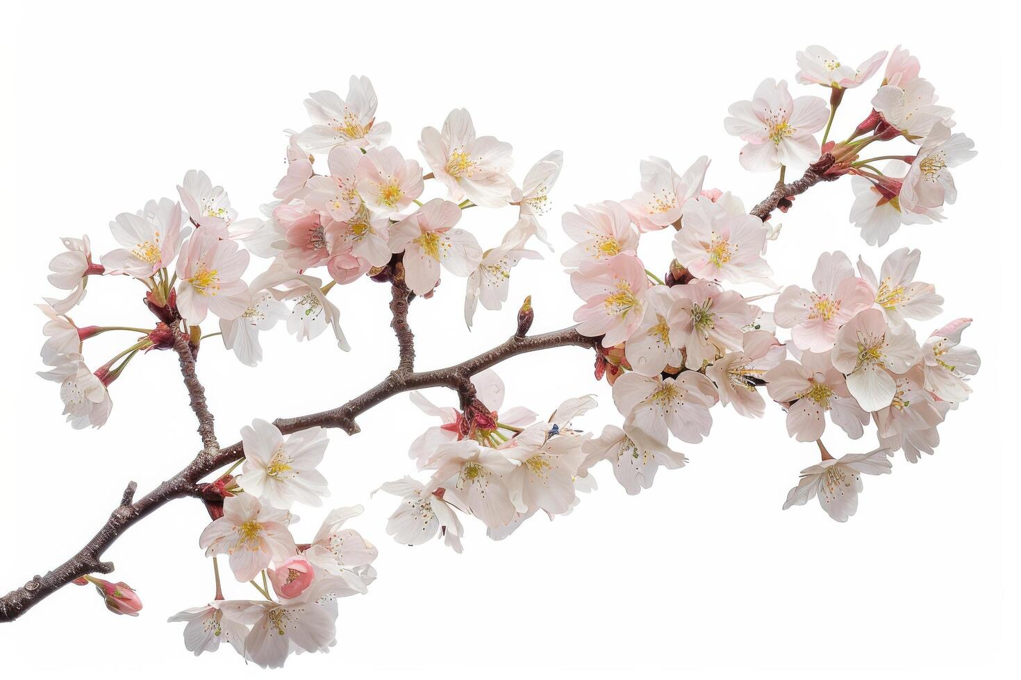 A branch of cherry blossoms is shown on a white background photo