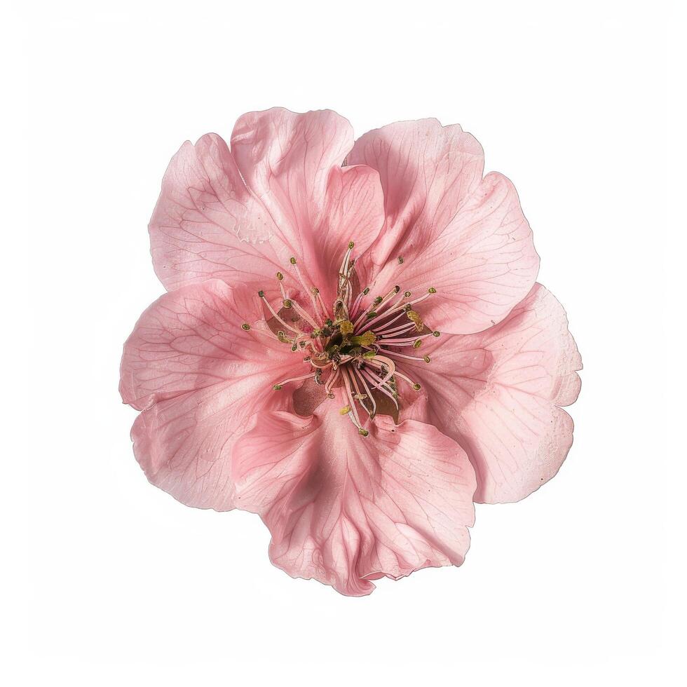 A single pink flower is shown on a white background photo