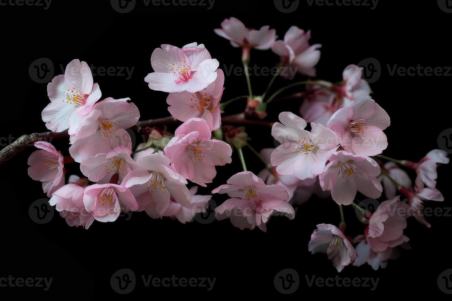 Pink cherry blossoms on a branch against a black background photo