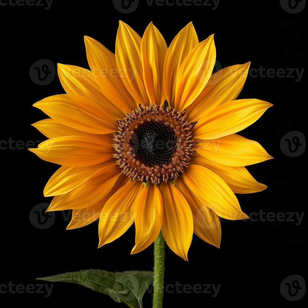 A single sunflower is shown against a black background photo