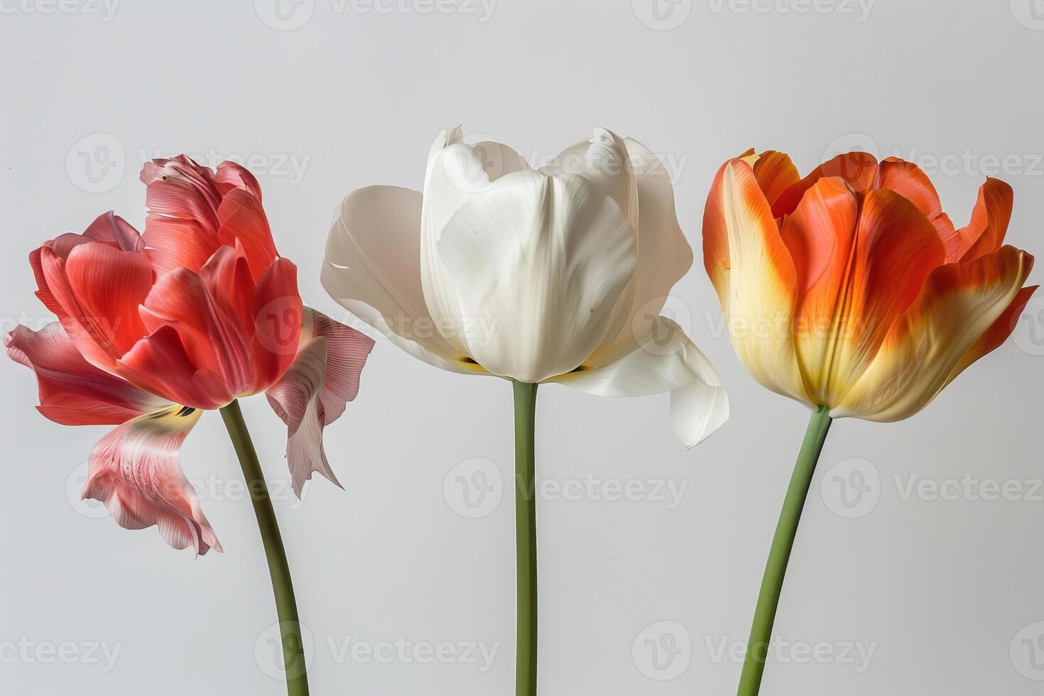 Three tulips in a vase on a white background photo