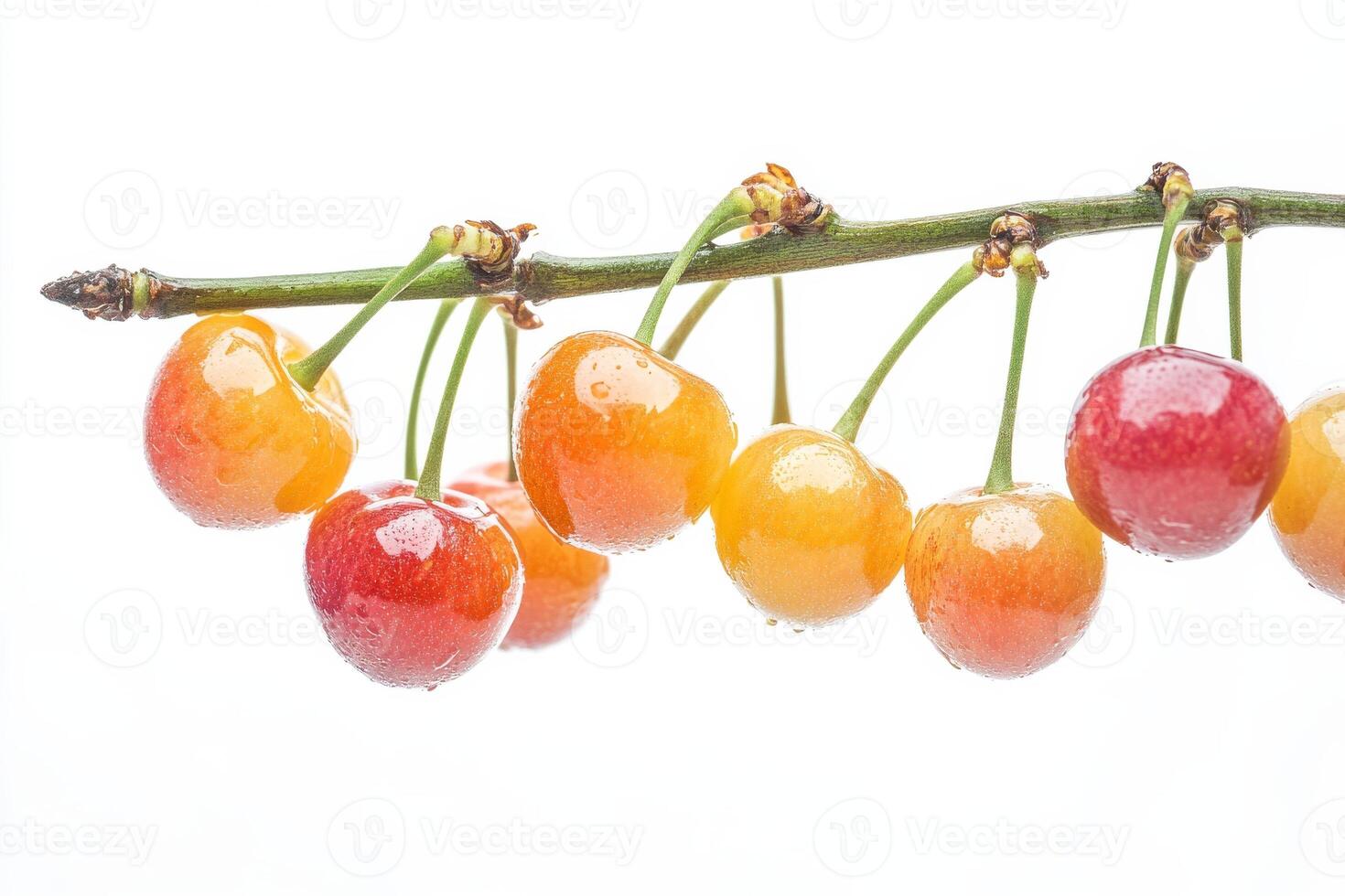 A bunch of cherries hanging from a branch photo