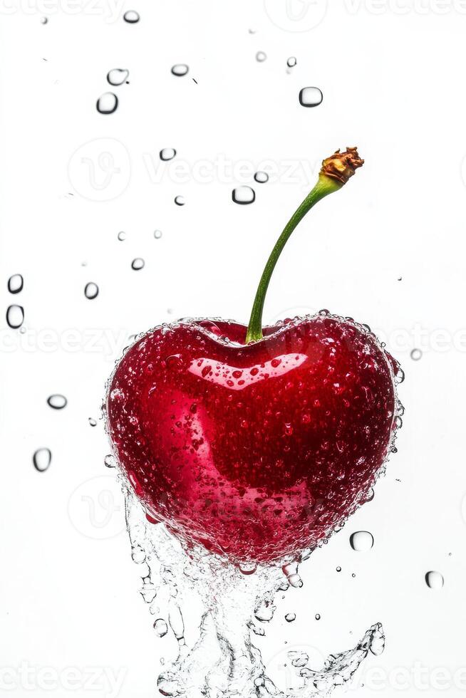 A red cherry is being splashed with water photo