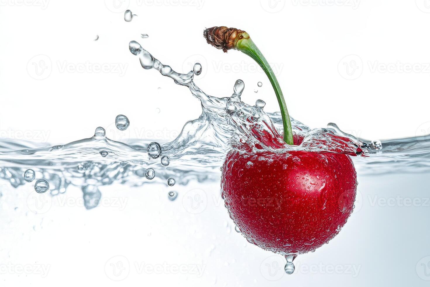 A cherry is falling into water with water splashes photo