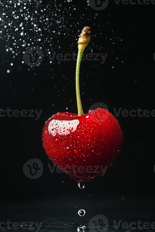 A cherry falling into water with drops photo