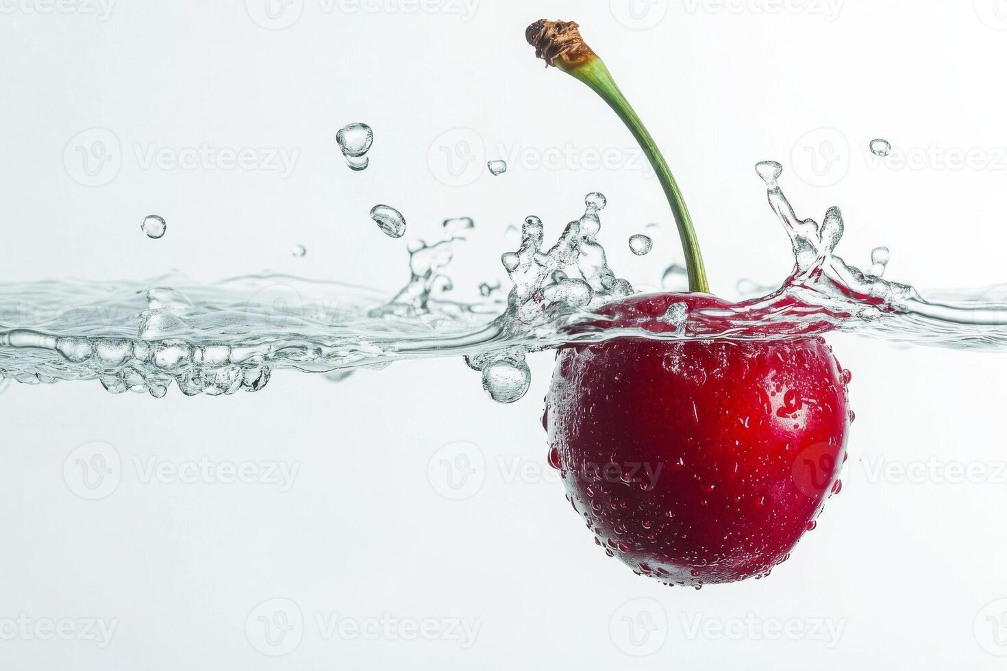 A cherry is floating in water with bubbles photo