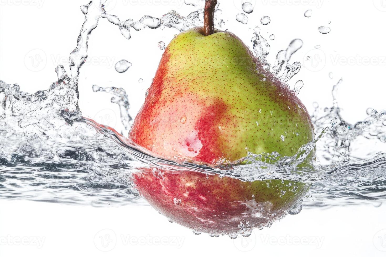 A pear is splashing in water on a white background photo