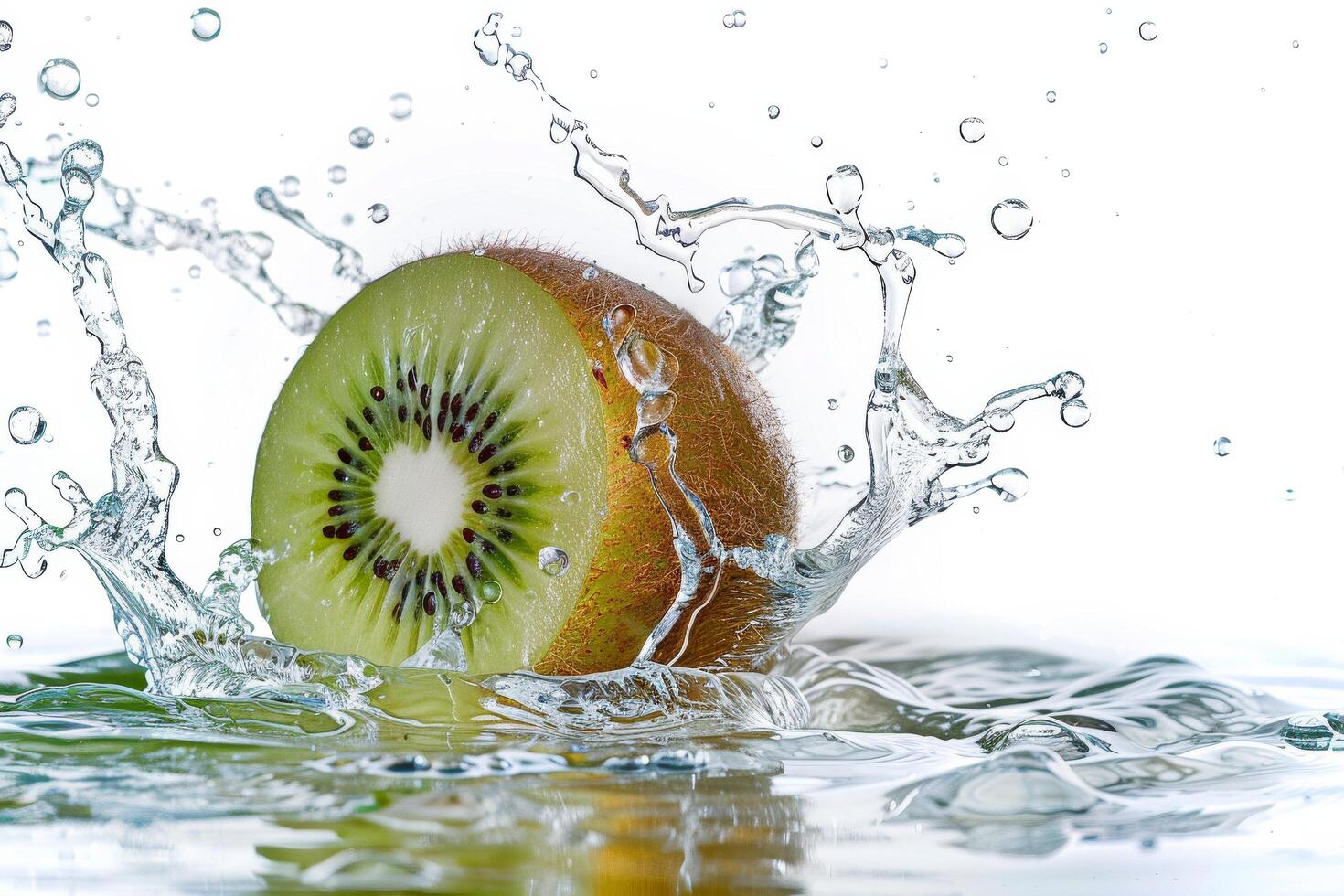 A kiwi fruit is being splashed with water photo