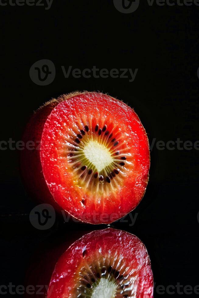 A kiwi fruit is reflected in a mirror photo