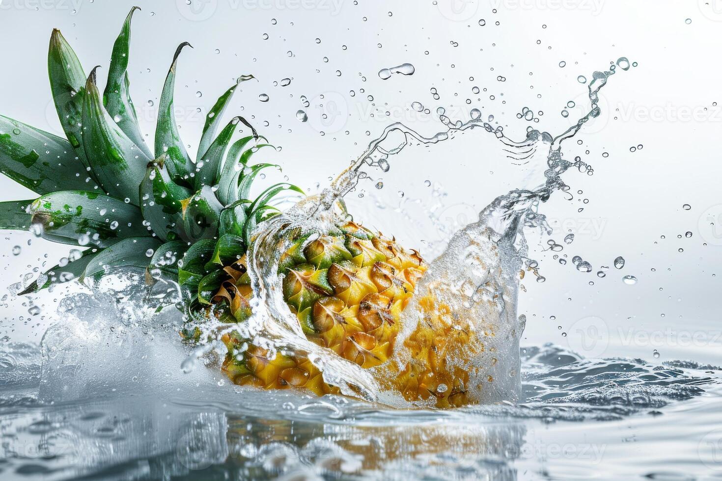 A pineapple is splashing water on a white background photo