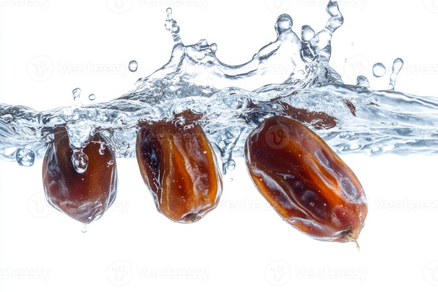 Dates falling into water on a white background photo