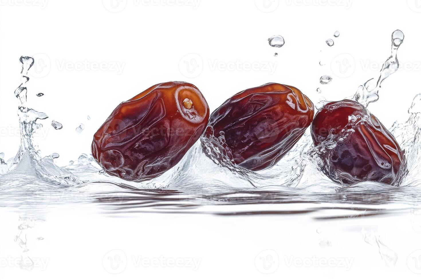 Three dates falling into water on a white background photo