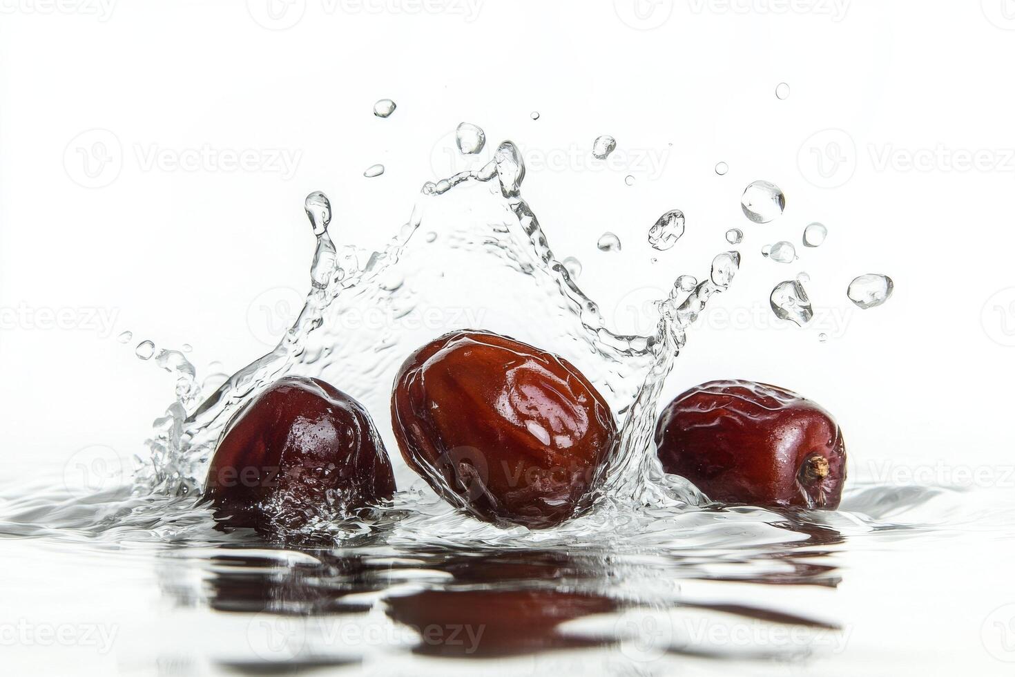 Three dates falling into water on a white background photo