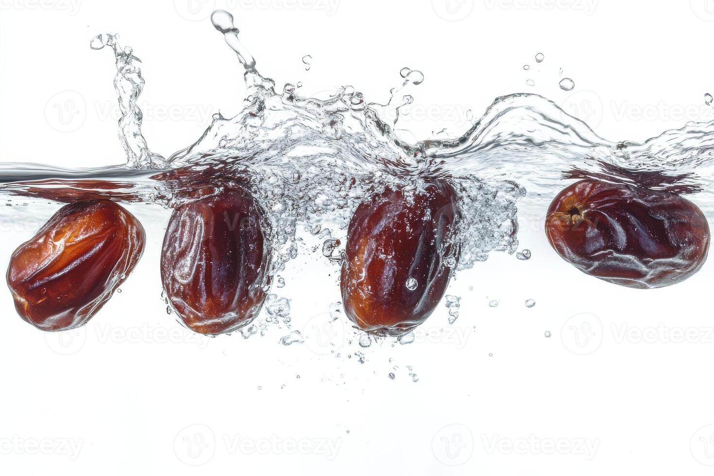 Dates falling into water on a white background photo