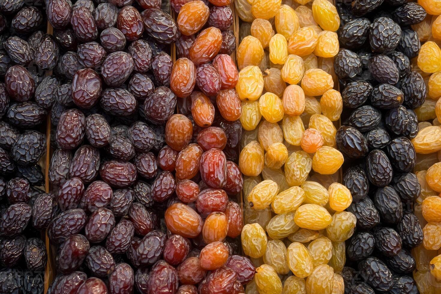 A close up of raisins and other dried fruits photo