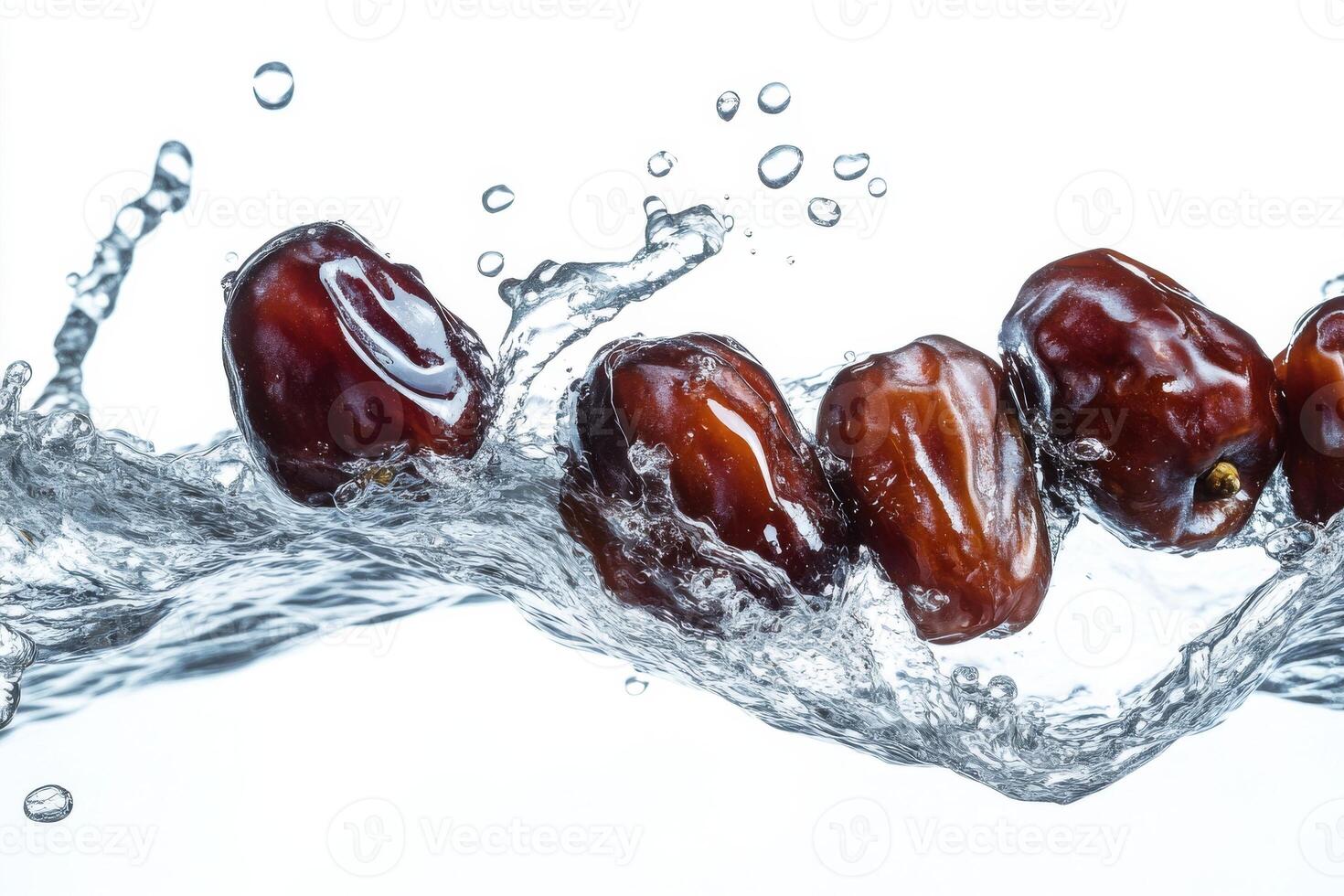 Dates falling into water on a white background photo