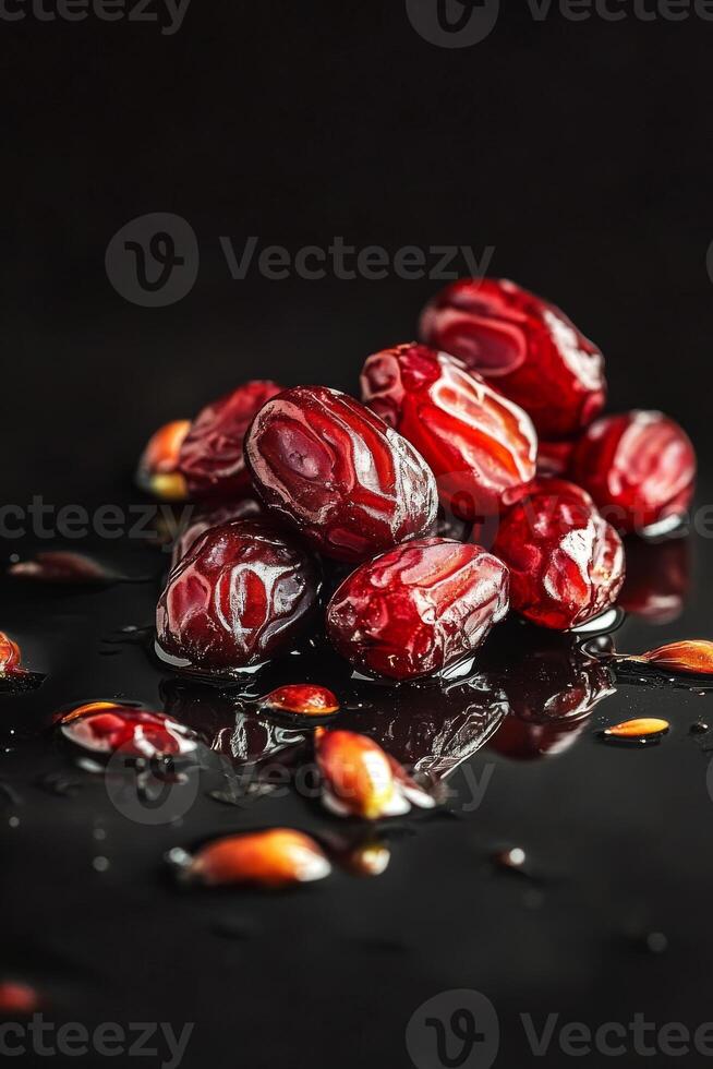 Dates on a black background with water photo