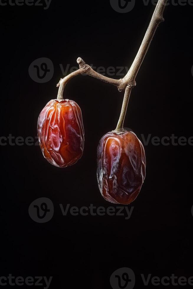Two ripe dates on a branch with a dark background photo