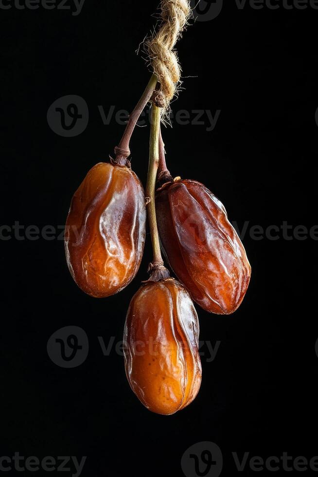 Three dates hanging from a rope on a black background photo