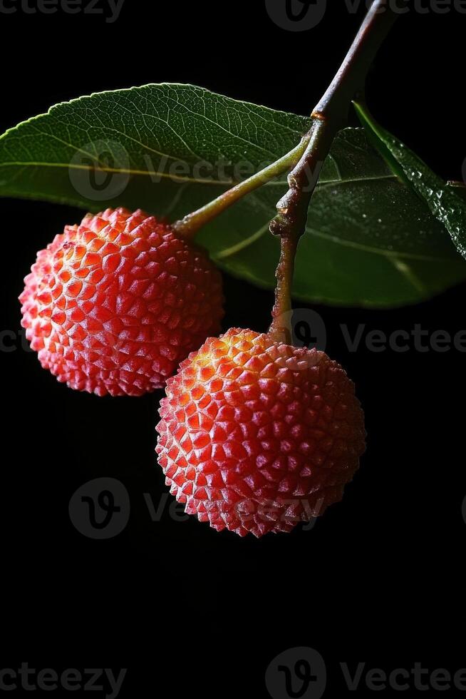 Two red fruits are on a branch photo