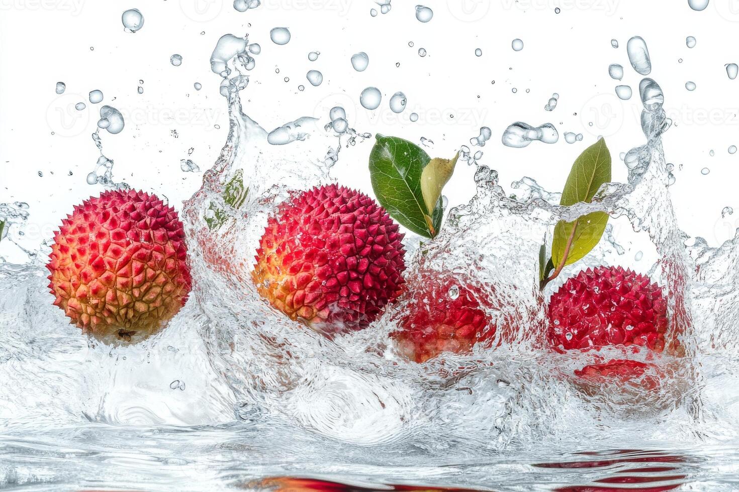 Fresh lychee fruit splashing water on white background photo