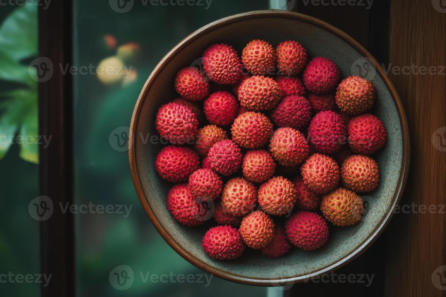 A bowl filled with red and green litchis photo