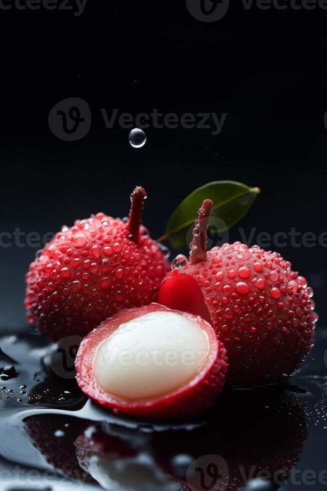 A red fruit with water droplets on it photo