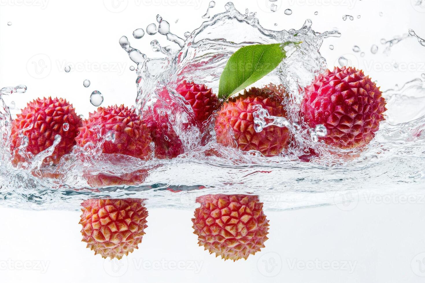 Fresh lychee fruit splashing water photo