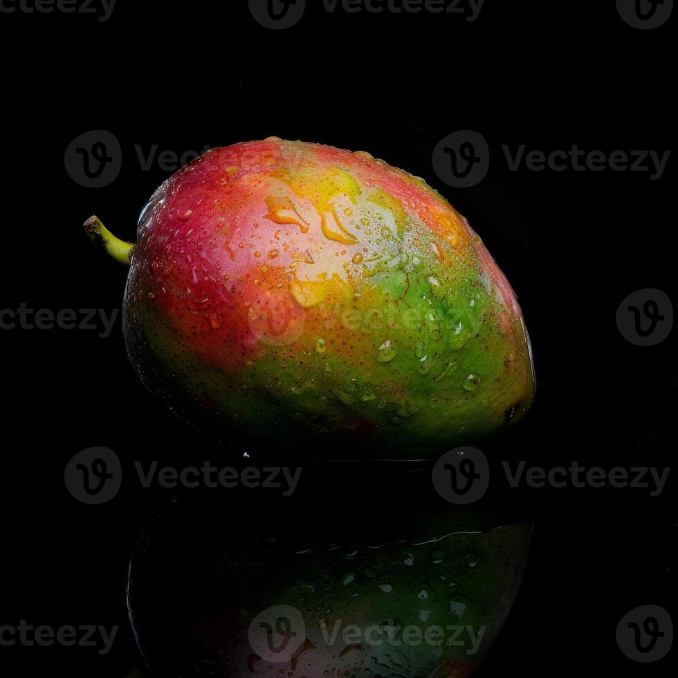 A mango is reflected in a black surface photo