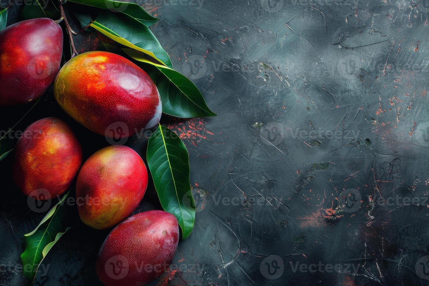 Mangos on a dark background with leaves photo