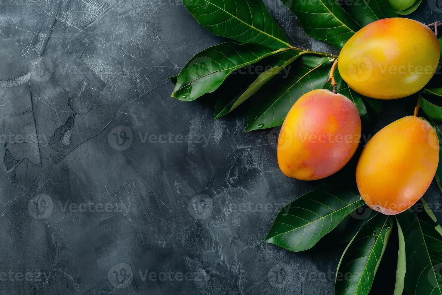 Mango fruit on a dark background with leaves photo