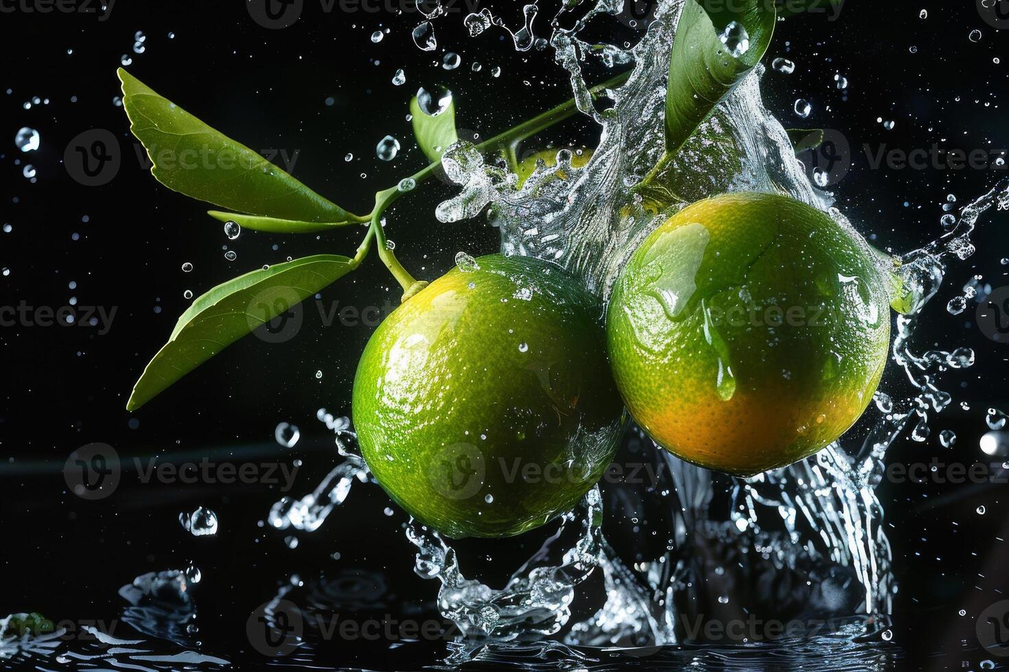 Two limes are being splashed with water photo