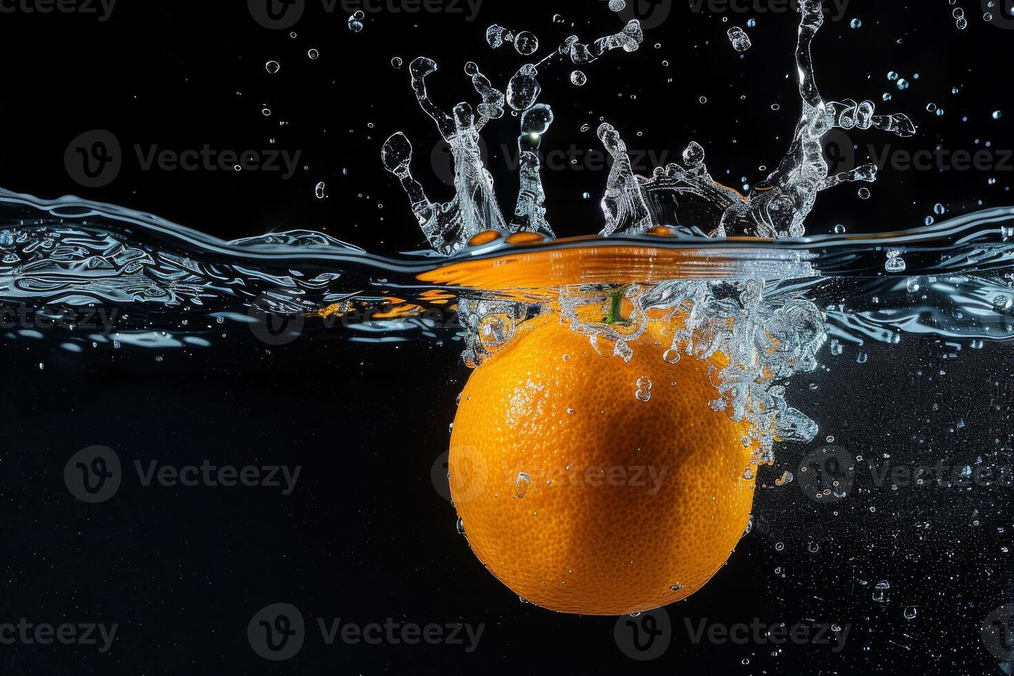 An orange is being splashed in water photo