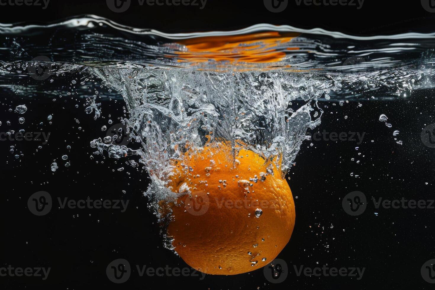 An orange is falling into the water photo
