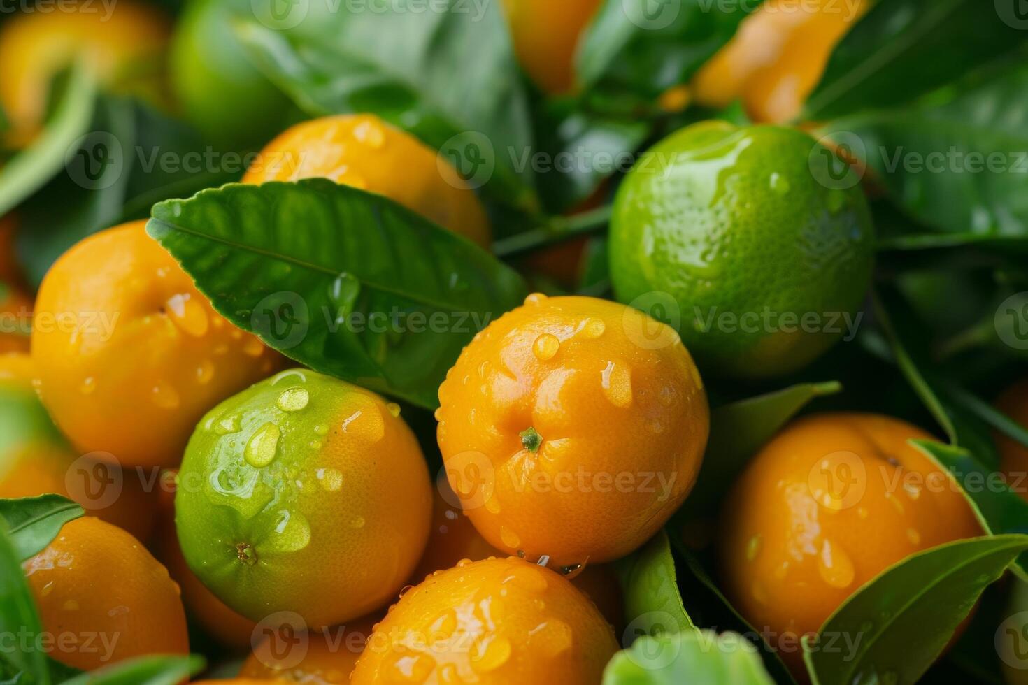 A bunch of oranges and limes with water drops photo
