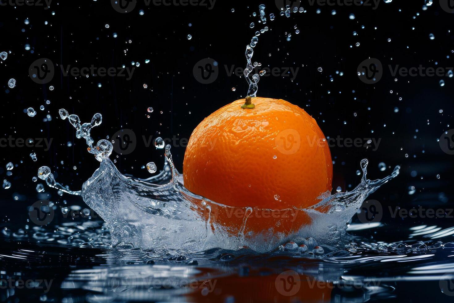An orange is splashing in water photo